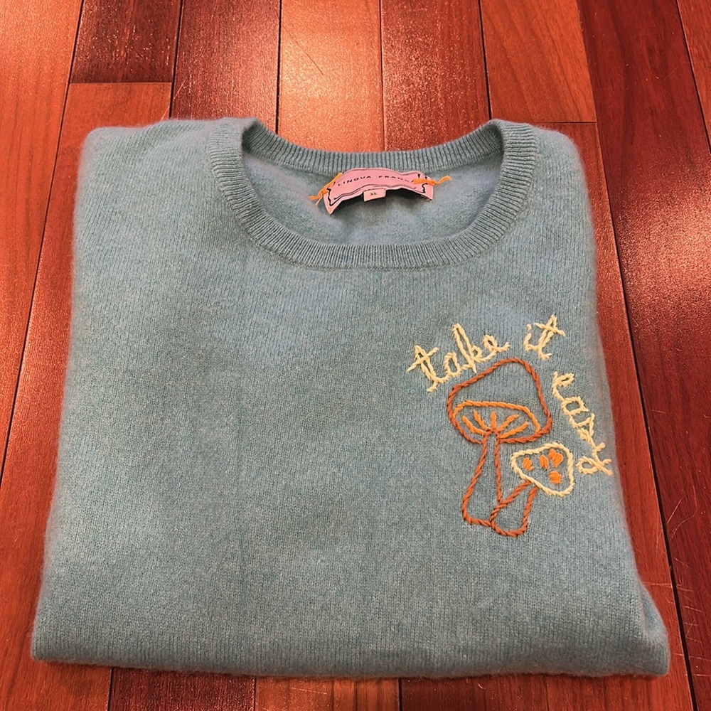 Lingua Franca mushroom Embroidered Cashmere Sweater short sleeve XL Take it easy - Picture 2 of 10